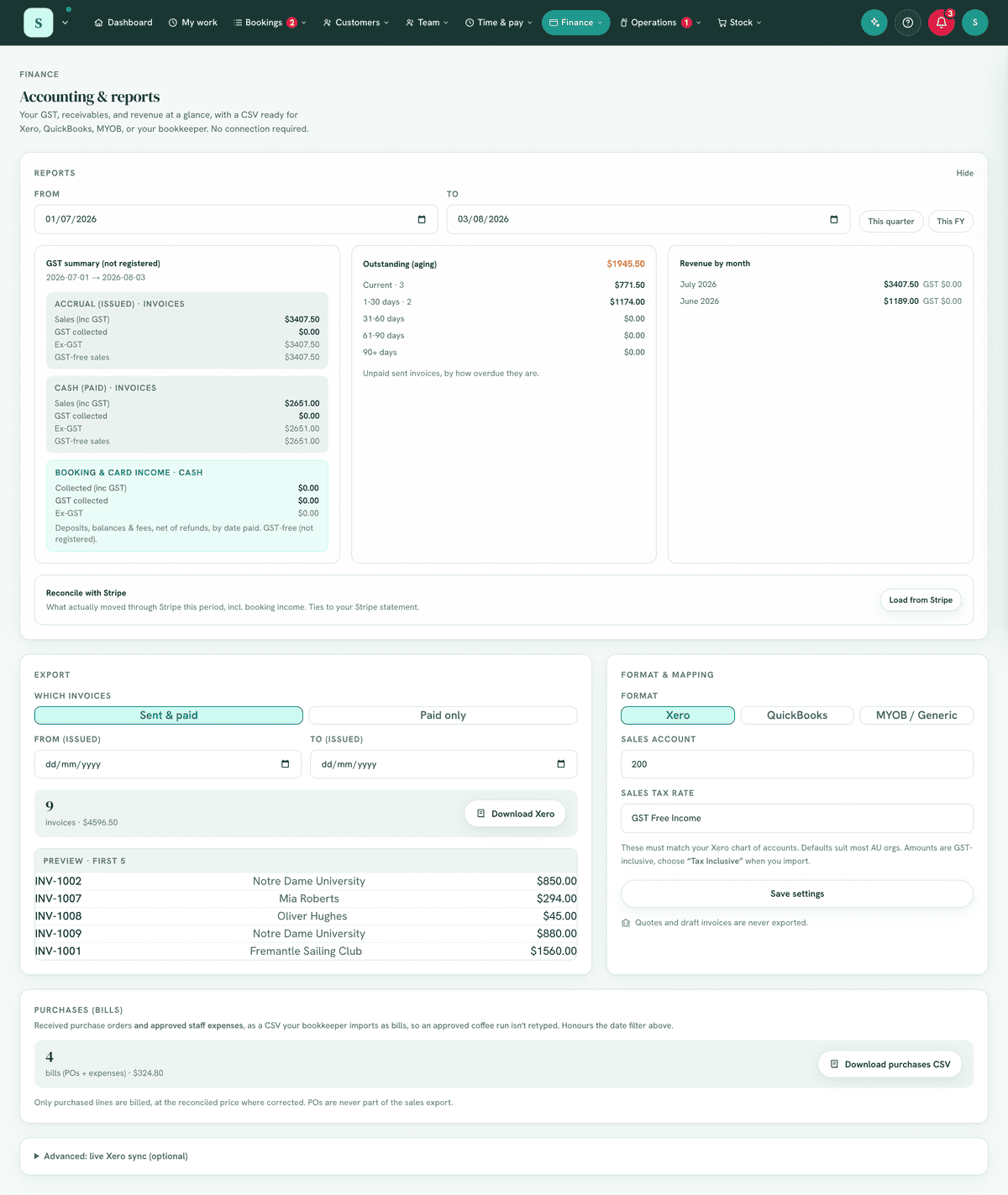 The full Accounting & reports screen.
