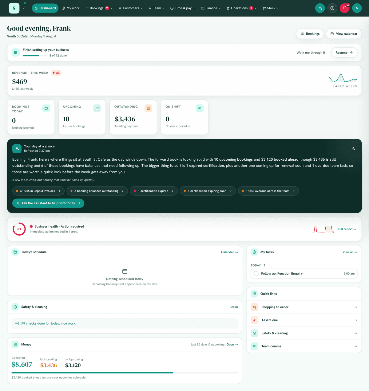 The full dashboard for a business with several modules on.