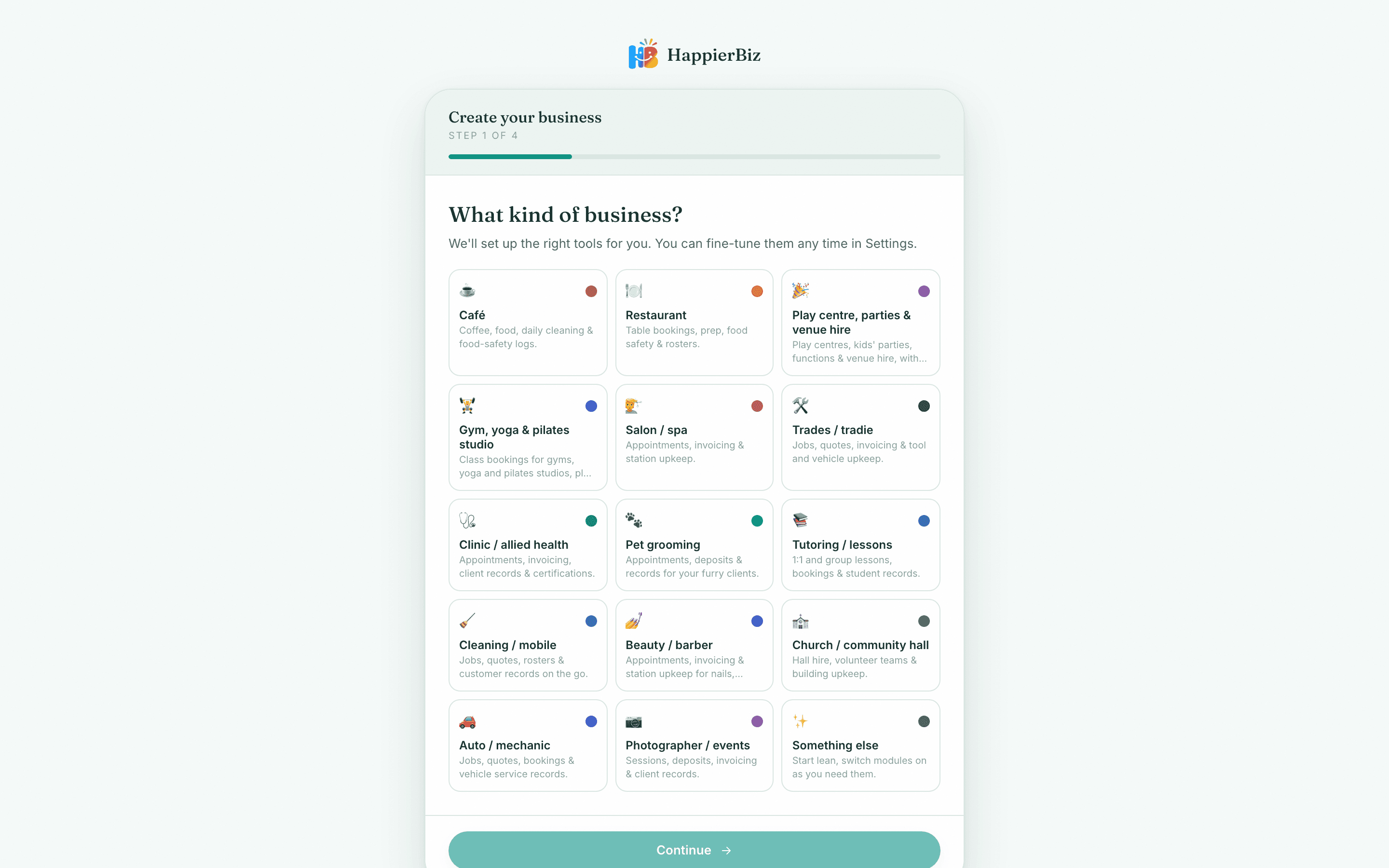 The sign-up page with business name, email and password fields.